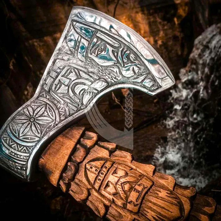 Handmade Viking Axe – High Carbon Steel Axe with Carved Ash Wood Handle & Sheath