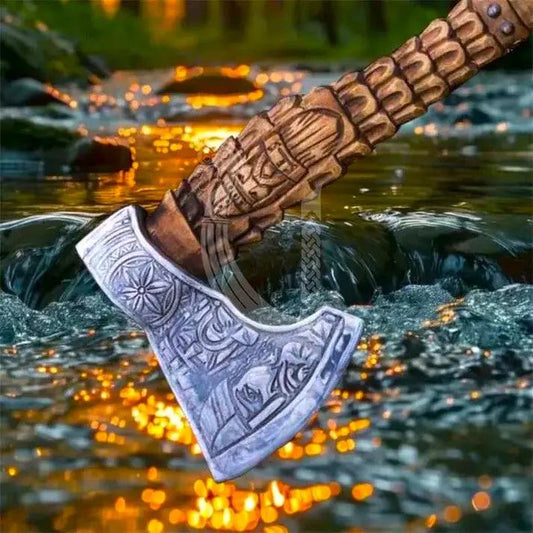 Handmade Viking Axe – High Carbon Steel Axe with Carved Ash Wood Handle & Sheath Viking_Blade_Crafts