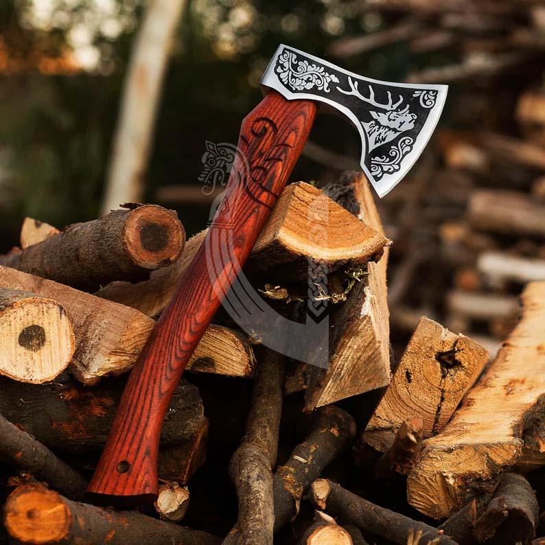 Handmade Deer Viking Axe – Battle Axe with Ash Wood Handle & Leather Cover