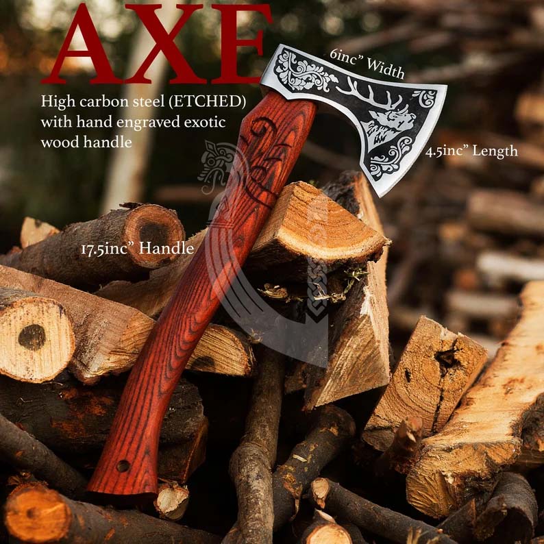 Handmade Deer Viking Axe – Battle Axe with Ash Wood Handle & Leather Cover