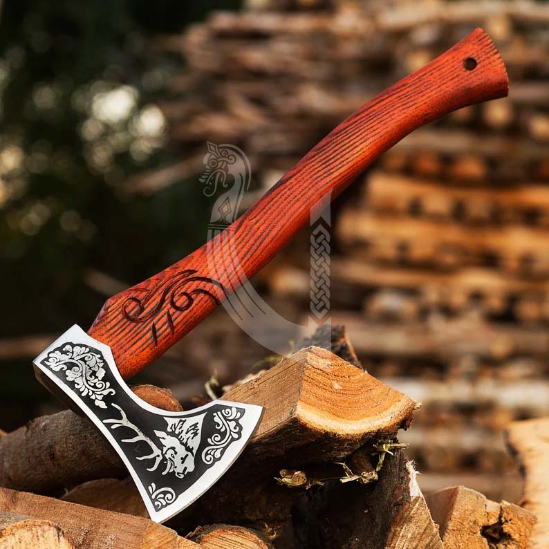Handmade Deer Viking Axe – Battle Axe with Ash Wood Handle & Leather Cover