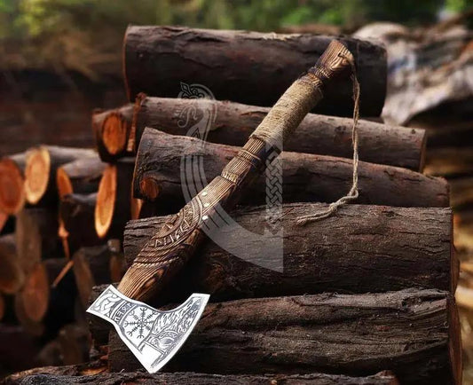 Hand Carved Handle Viking Axe – High Carbon Steel Battle Axe with Sheath Viking_Blade_Crafts