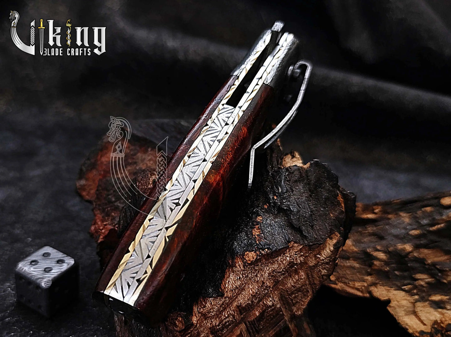 Damascus Steel Folding Pocket Knife With Sheath Rose Wood Handle Viking_Blade_Crafts