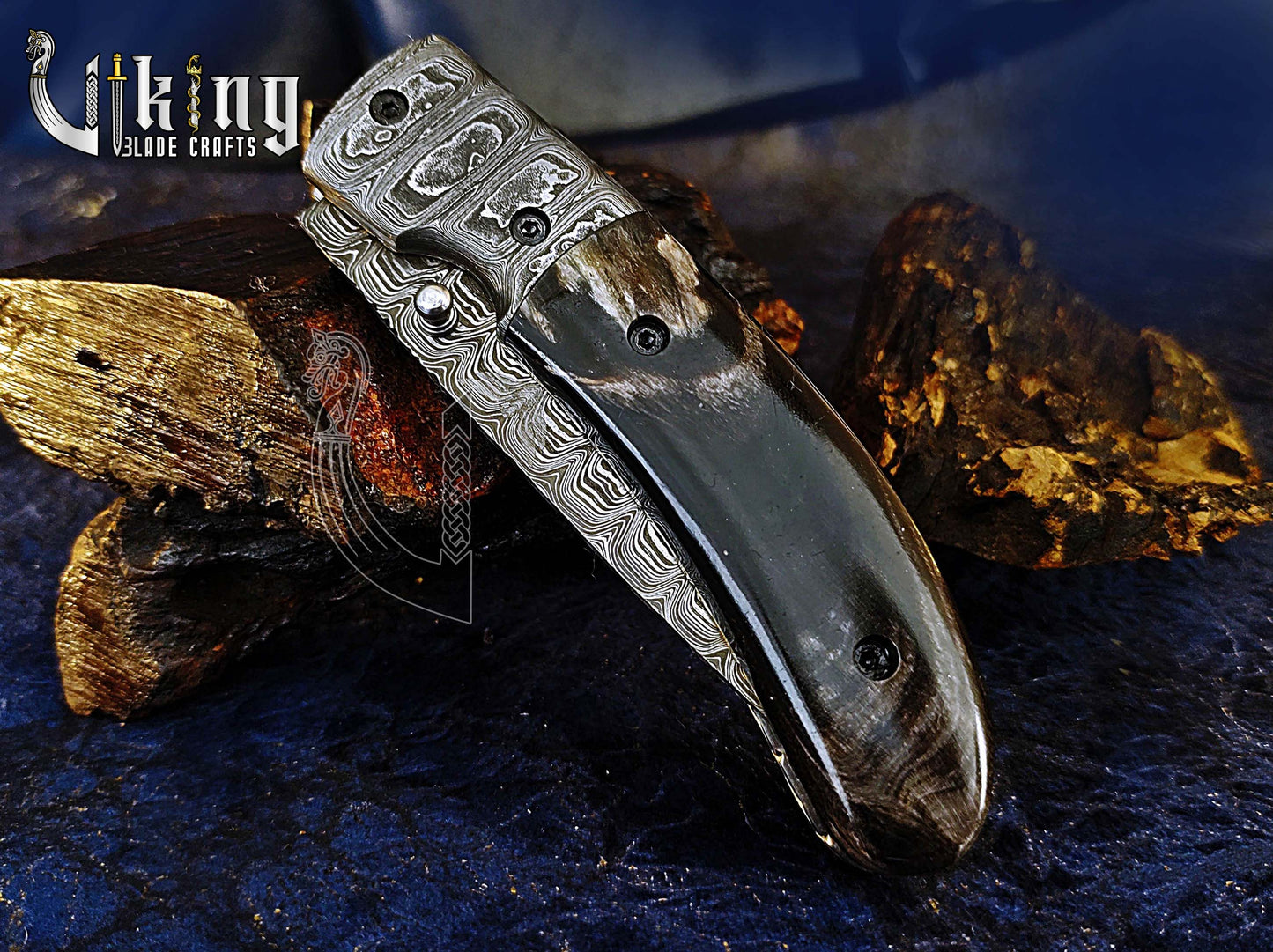 Damascus Folding Knife with Buffalo Horn Handle & Damascus Steel Clip