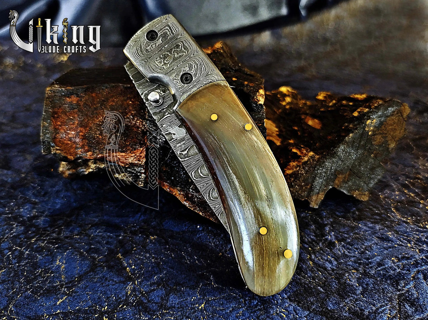 Handmade Folding Knife with Ram Horn, Ladder Pattern & Clip Viking_Blade_Crafts