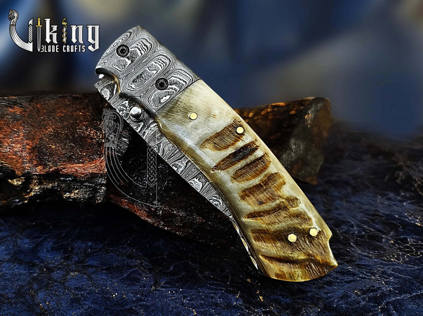 Handmade Damascus Steel Premium Folding Knife with Ram Horn Handle Viking_Blade_Crafts