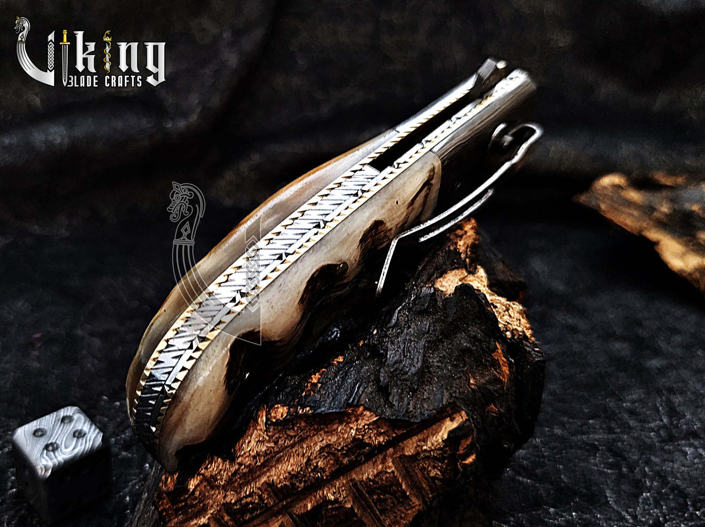 Handmade Damascus Steel Rain Drop Pattern Ram Horn Handle Folding Knife