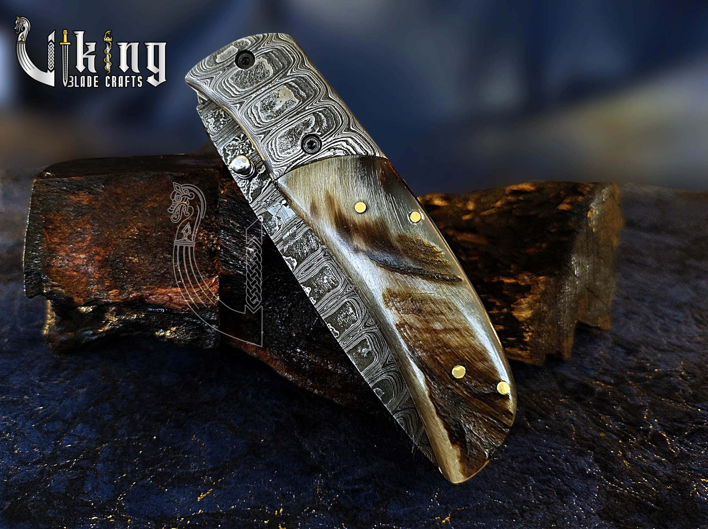 Forged Damascus Steel Folding Pocket Knife with Ram Horn Handle & Clip