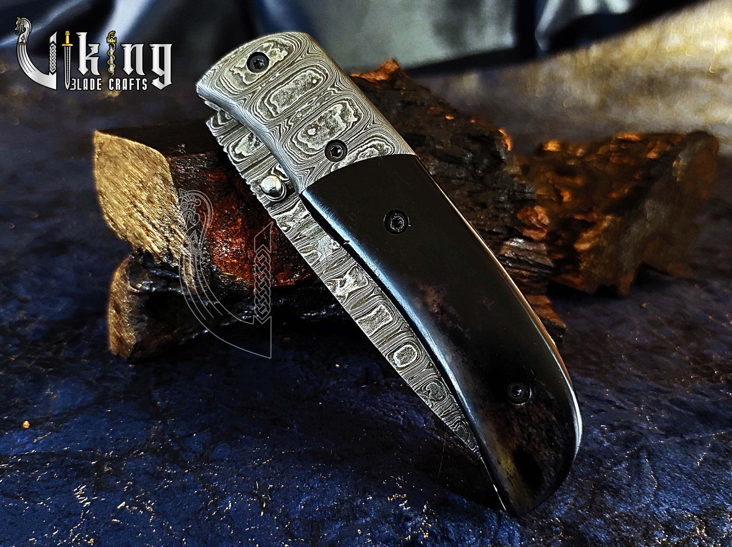 Hand-Forged Damascus Folding Knife with Ebony Wood & Ladder Blade