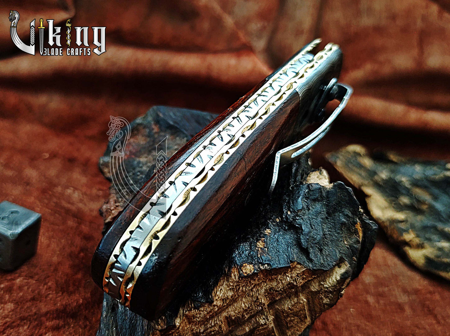 Hand-Forged Damascus Steel Folding Knife with Rosewood Handle