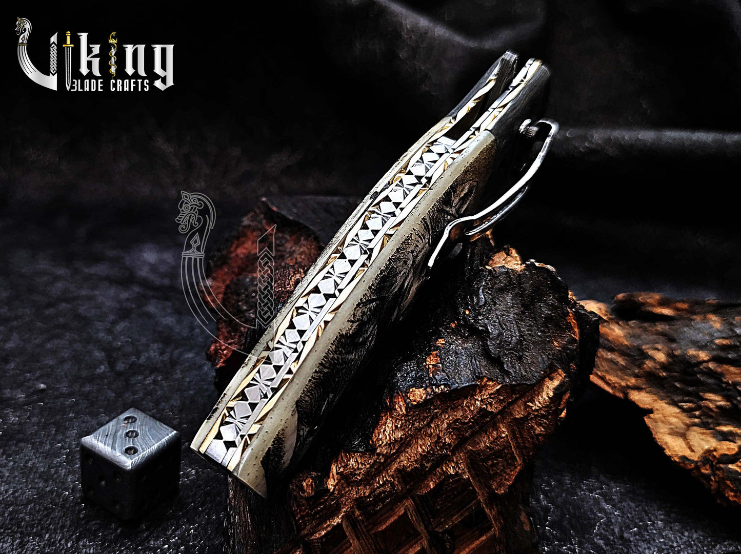 Hand-Forged Damascus Steel Rain Drop & Bone Handle Folding Knife