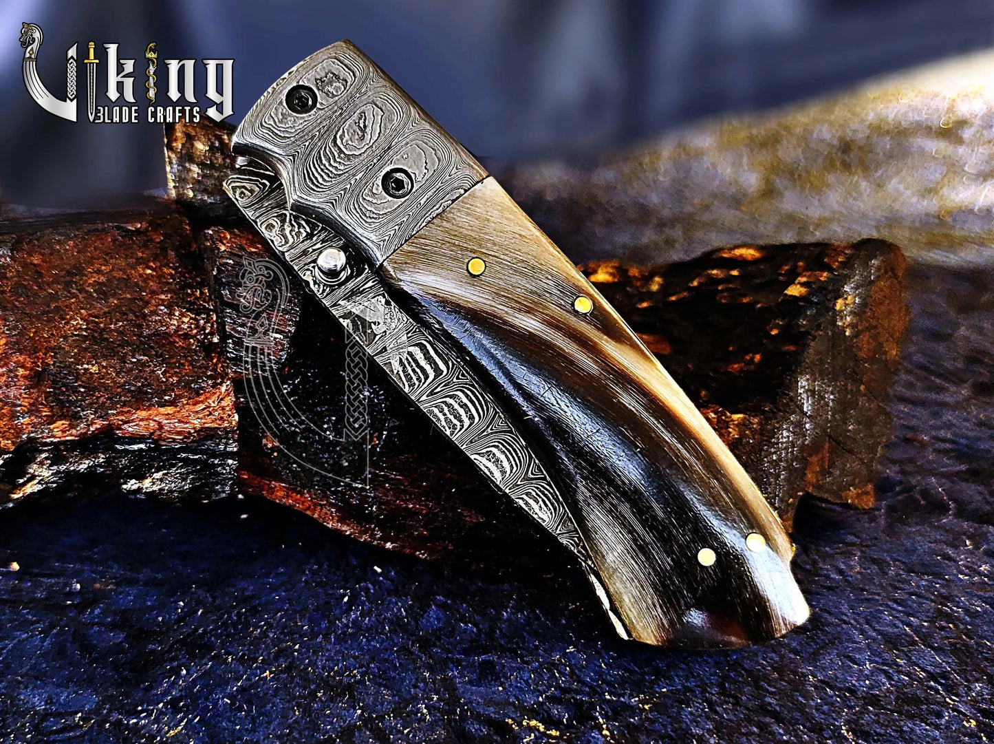 Handmade 3.5" Folding Knife with Ram Horn, Ladder Pattern & Pocket Clip Viking_Blade_Crafts
