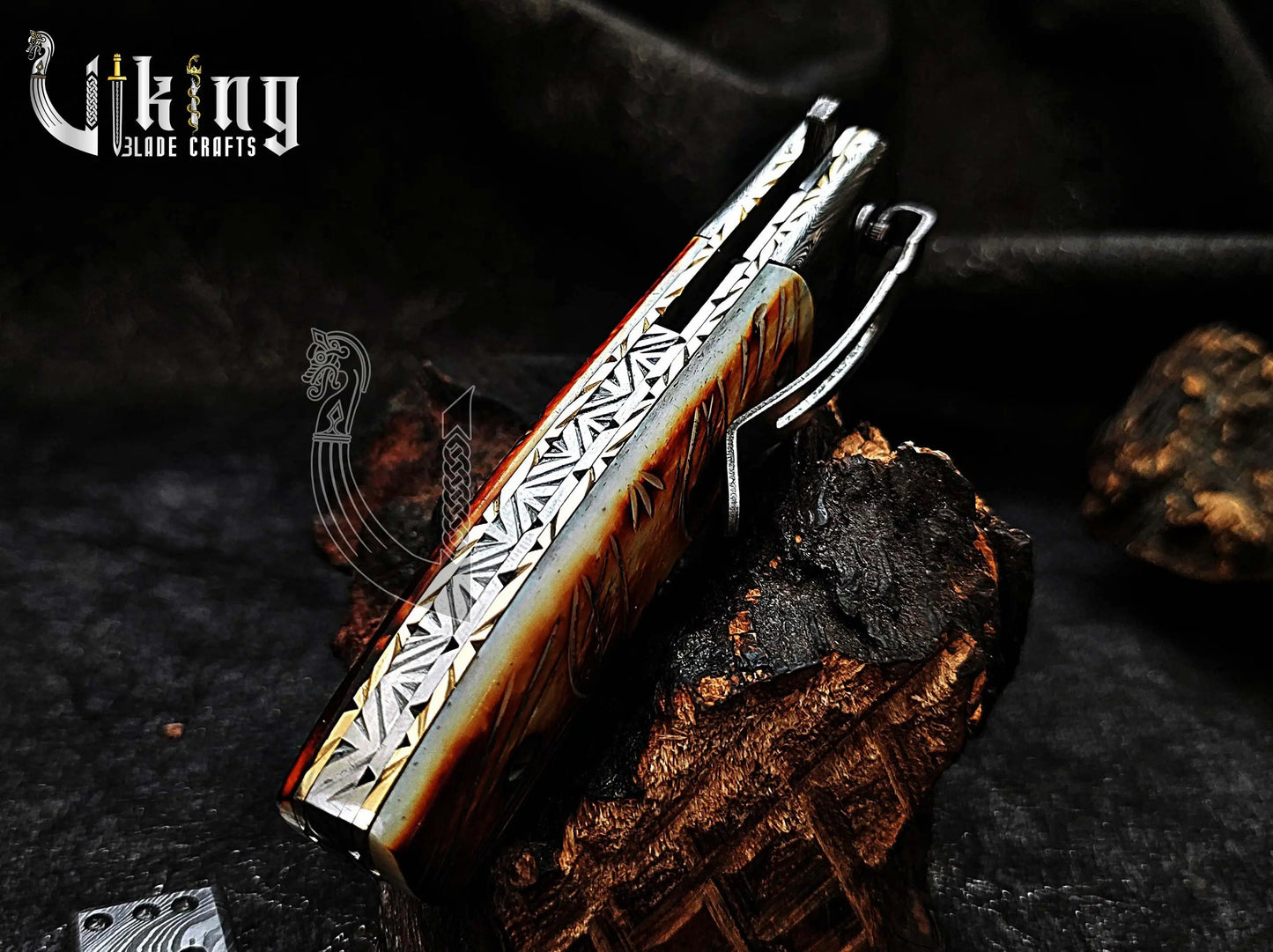 Forged Damascus Steel Folding Knife with Fire Camel Bone Handle Viking_Blade_Crafts