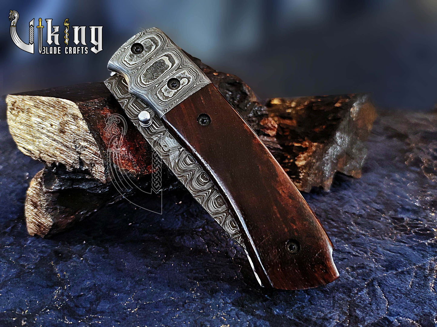 Handmade Damascus Folding Knife with Rosewood Handle & Pocket Clip