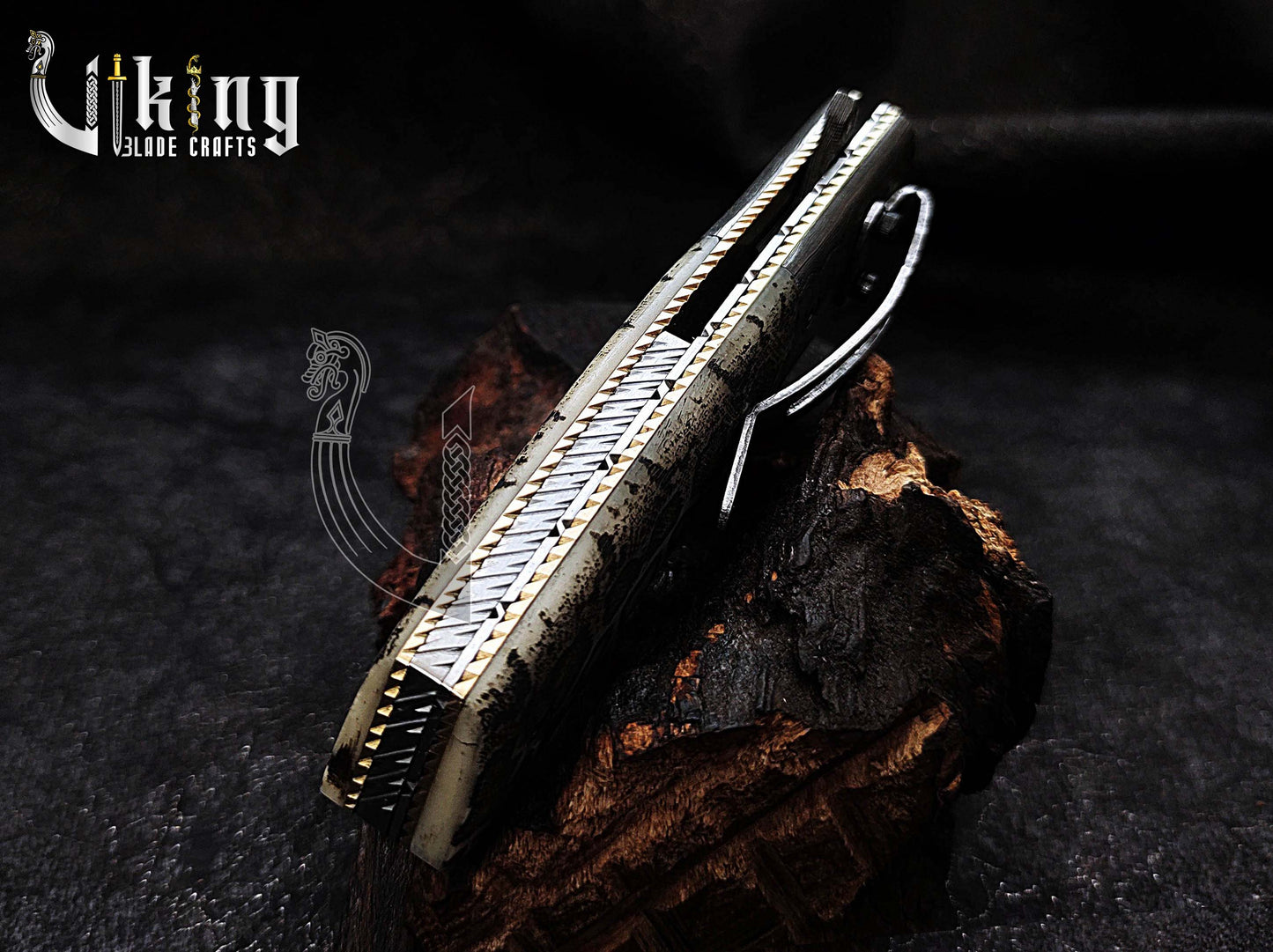 Damascus Steel Folding Pocket Knife With Damascus Clip and Bone Handle