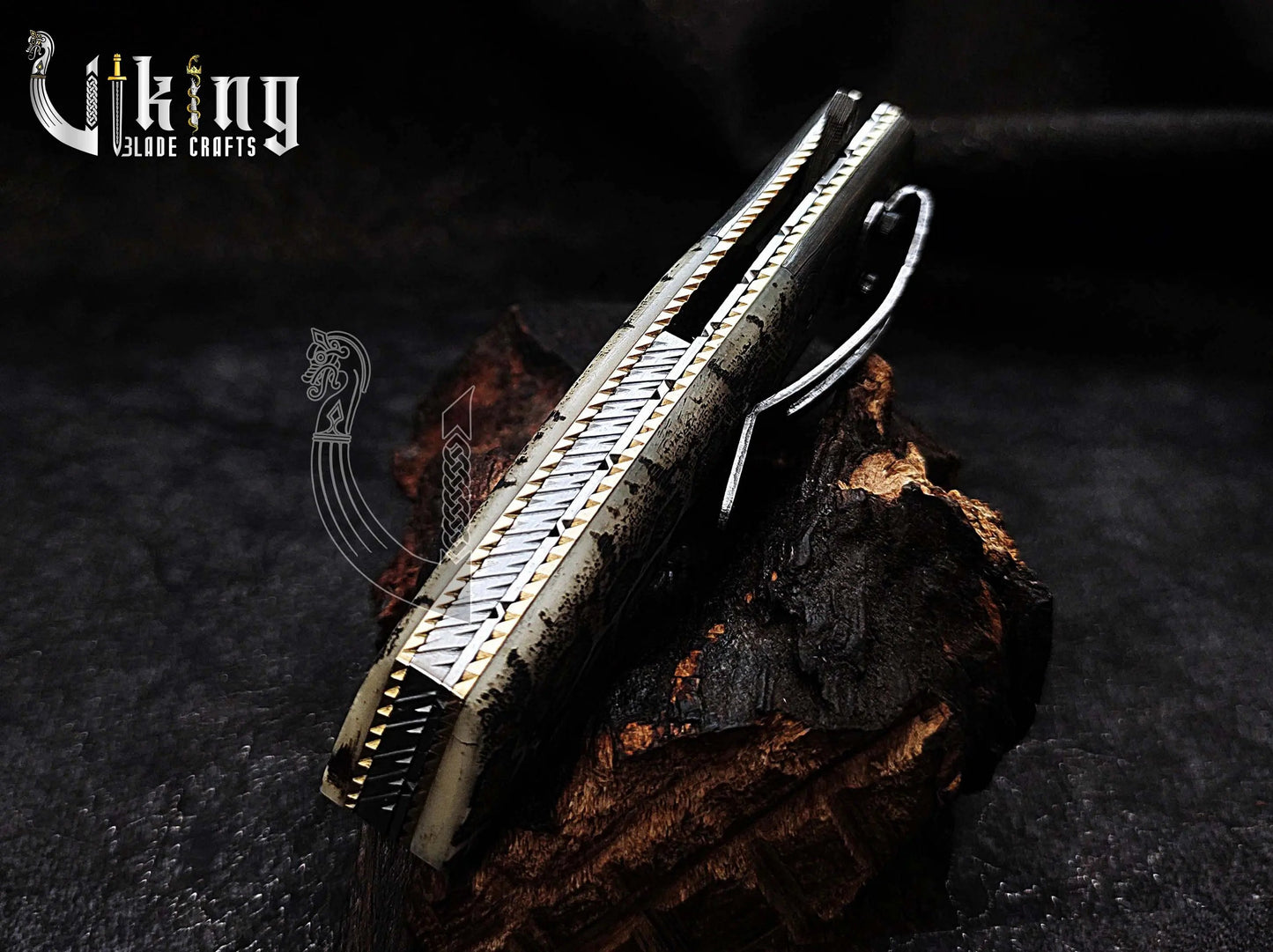 Damascus Steel Folding Pocket Knife With Damascus Clip and Bone Handle Viking_Blade_Crafts