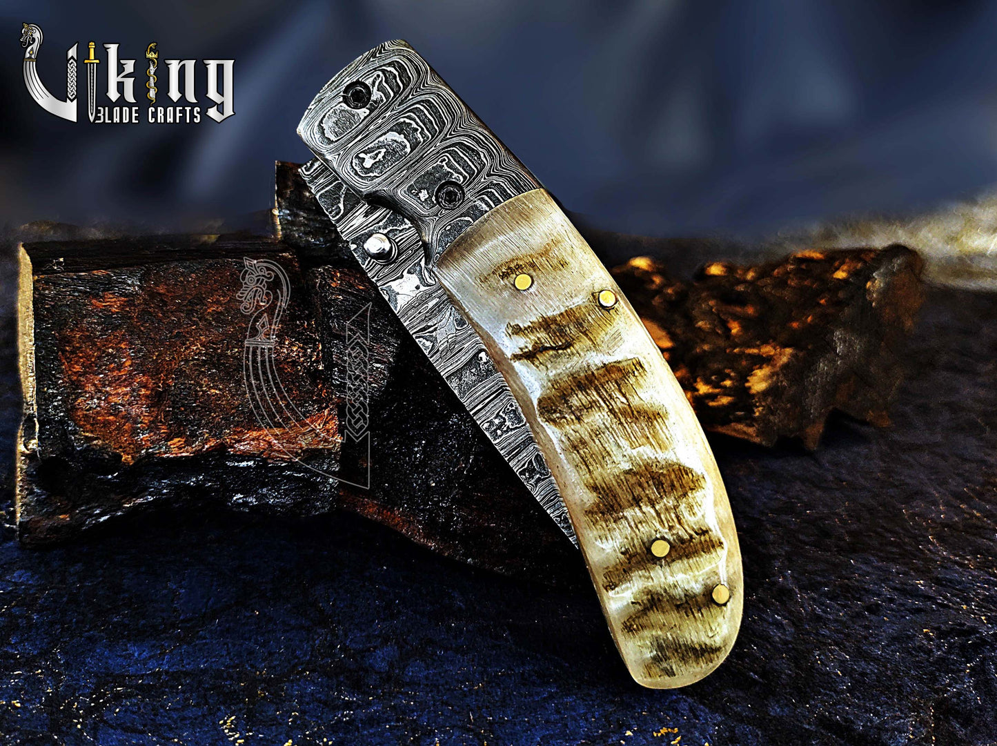 Hand-Forged Damascus Steel Blade with Ram Horn Handle & Easy Lock Folding Knife