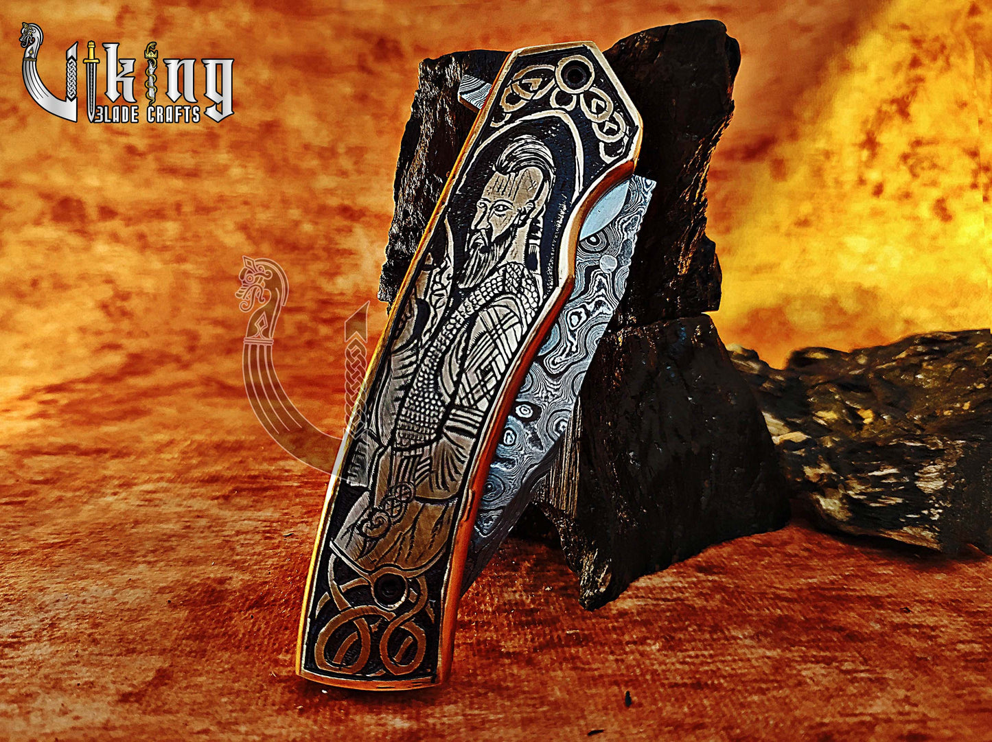 Forged Damascus Steel Folding Pocket Knife With Ragnar Lothbrok Carved Handle