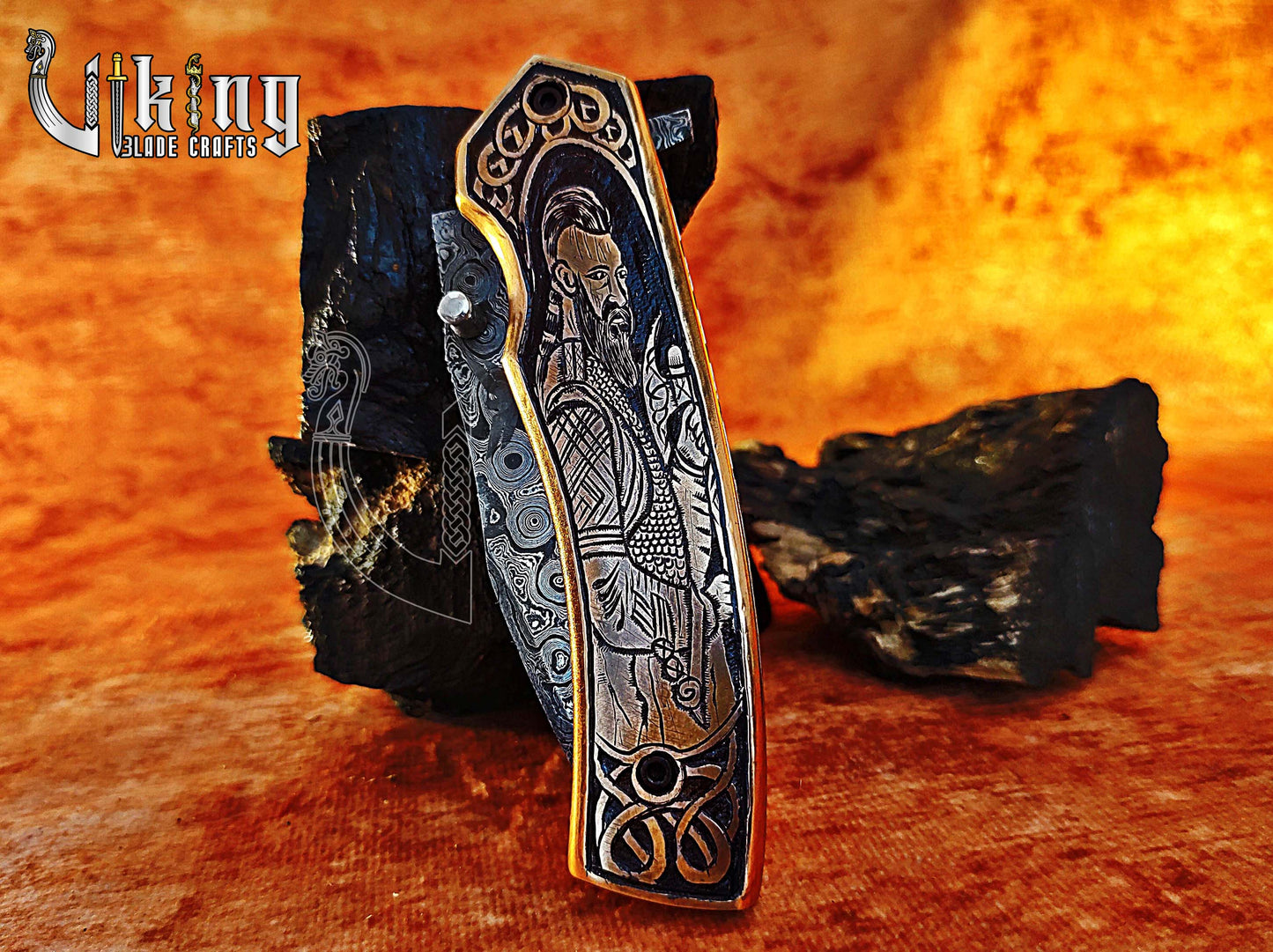 Forged Damascus Steel Folding Pocket Knife With Ragnar Lothbrok Carved Handle