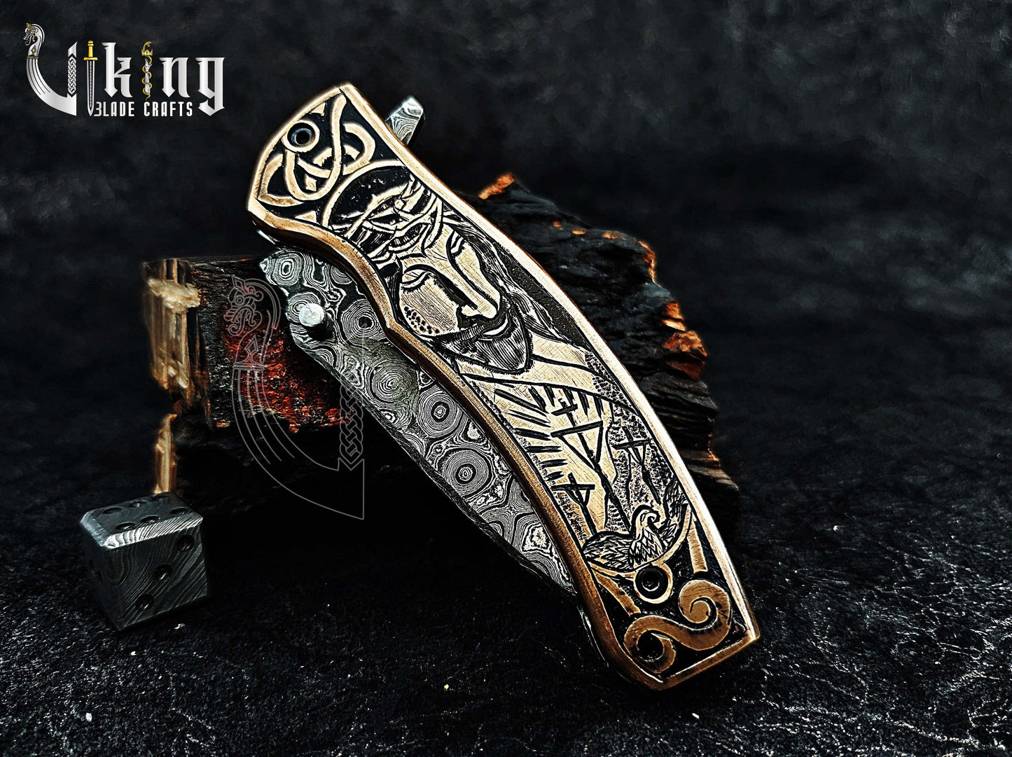 Damascus steel Folding knife with Jesus Crucifixion carved handle.