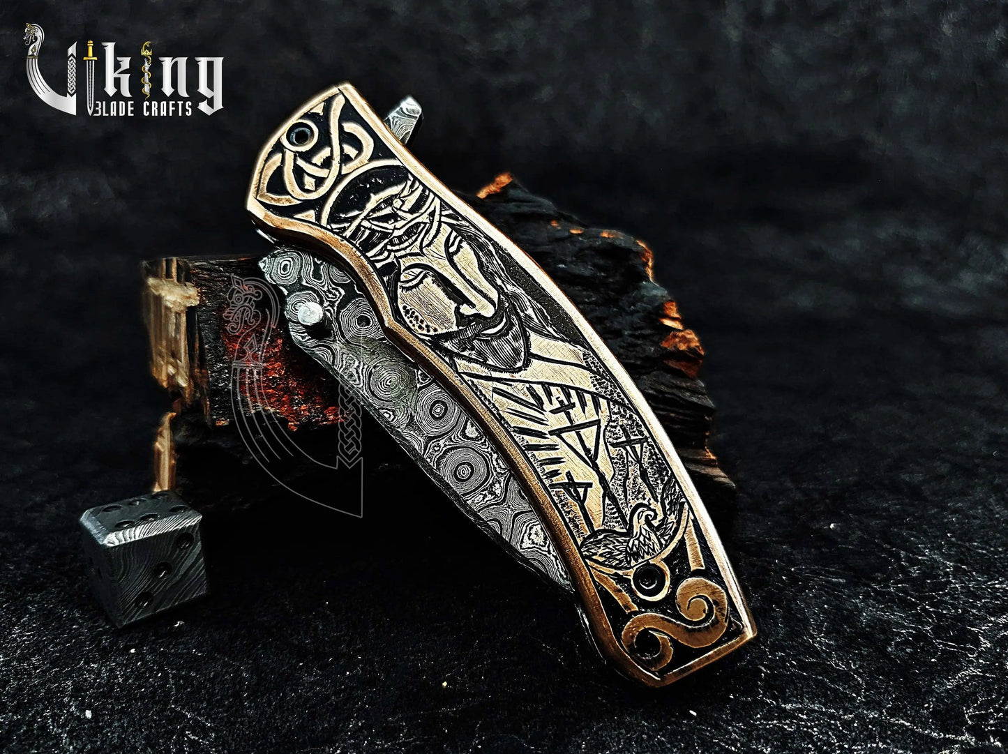 Damascus steel Folding knife with Jesus Crucifixion carved handle. Viking_Blade_Crafts