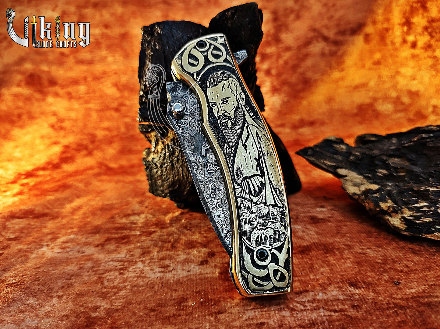 Forged Damascus Steel Blade Ragnar Lothbrok Carved Handle Folding Knife