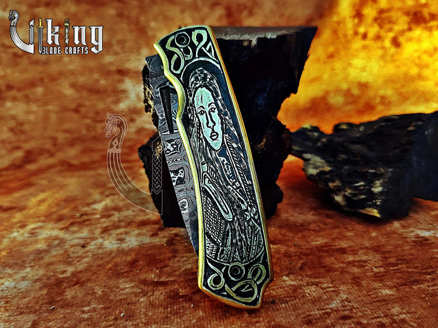 Hand-forged Damascus steel Pocket Folding knife with Queen Lagertha carving handle Viking_Blade_Crafts