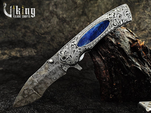 Damascus Folding Pocket Folding Knife Carved Handle Unequaled Stunning Craftsmanship Viking_Blade_Crafts