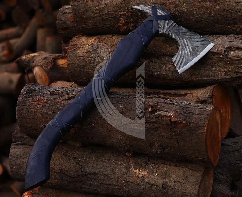 Handmade Viking Axe – Black Wrapped Handle Battle Axe with Leather Cover
