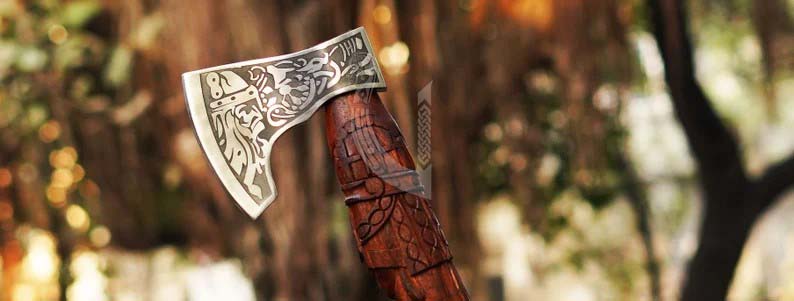 Handmade High Carbon Steel Viking Axe – Carved Handle with Leather Sheath