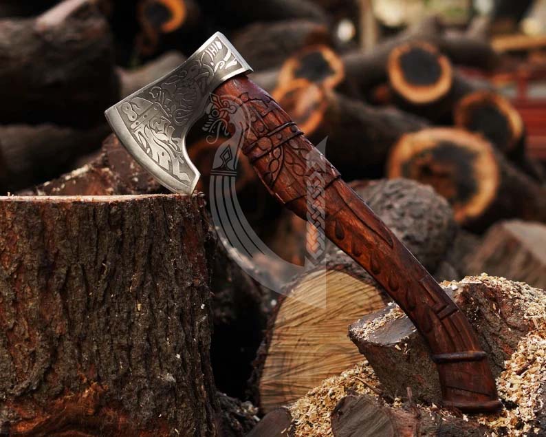 Handmade High Carbon Steel Viking Axe – Carved Handle with Leather Sheath