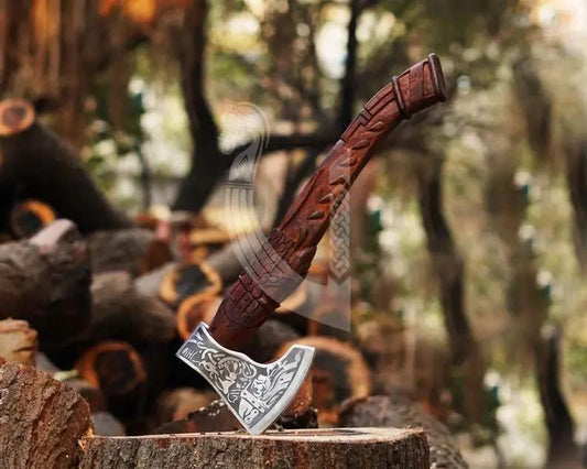 Handmade High Carbon Steel Viking Axe – Carved Handle with Leather Sheath Viking_Blade_Crafts