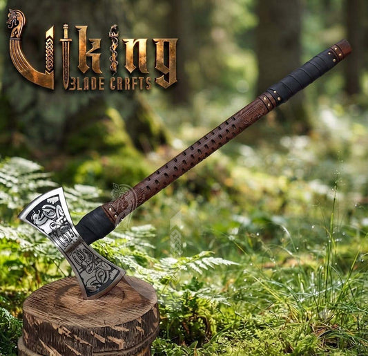 The Helm of Awe 30" Forged Viking Axe & Carved Wooden – Norse Warrior Axe