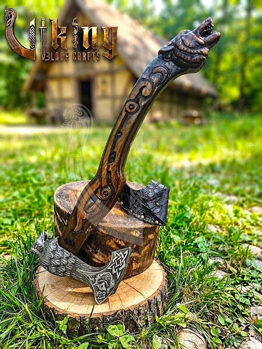 Fenrir Norse Axe | Hand Carved Wolf Handle | Forged Steel