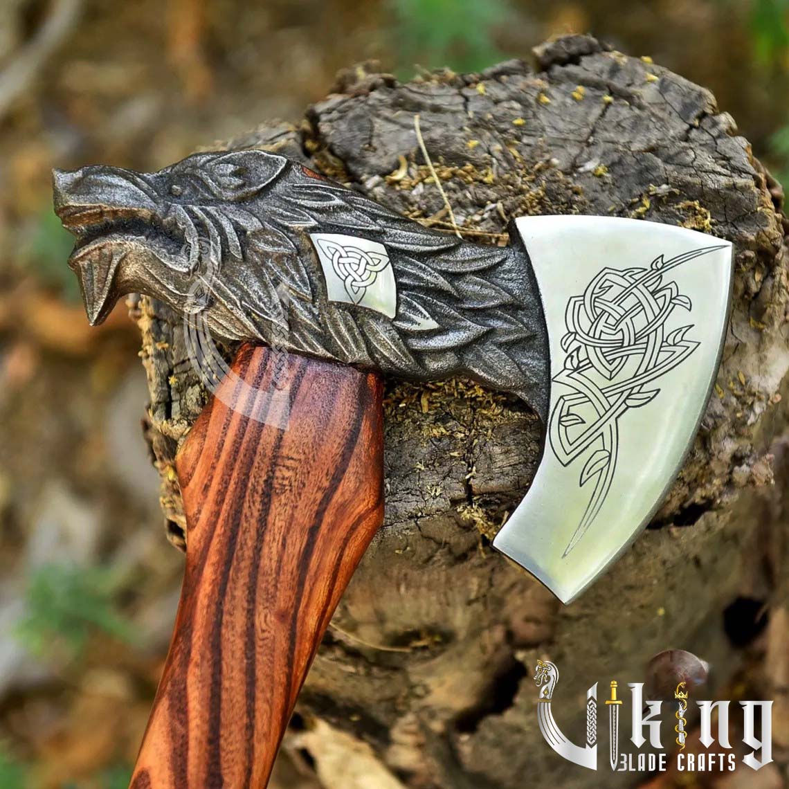 Handmade Viking Wolf Head Axe – High Carbon Steel Blade with Sheath