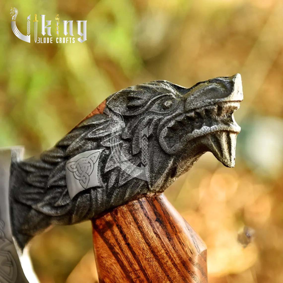 Handmade Viking Wolf Head Axe – High Carbon Steel Blade with Sheath
