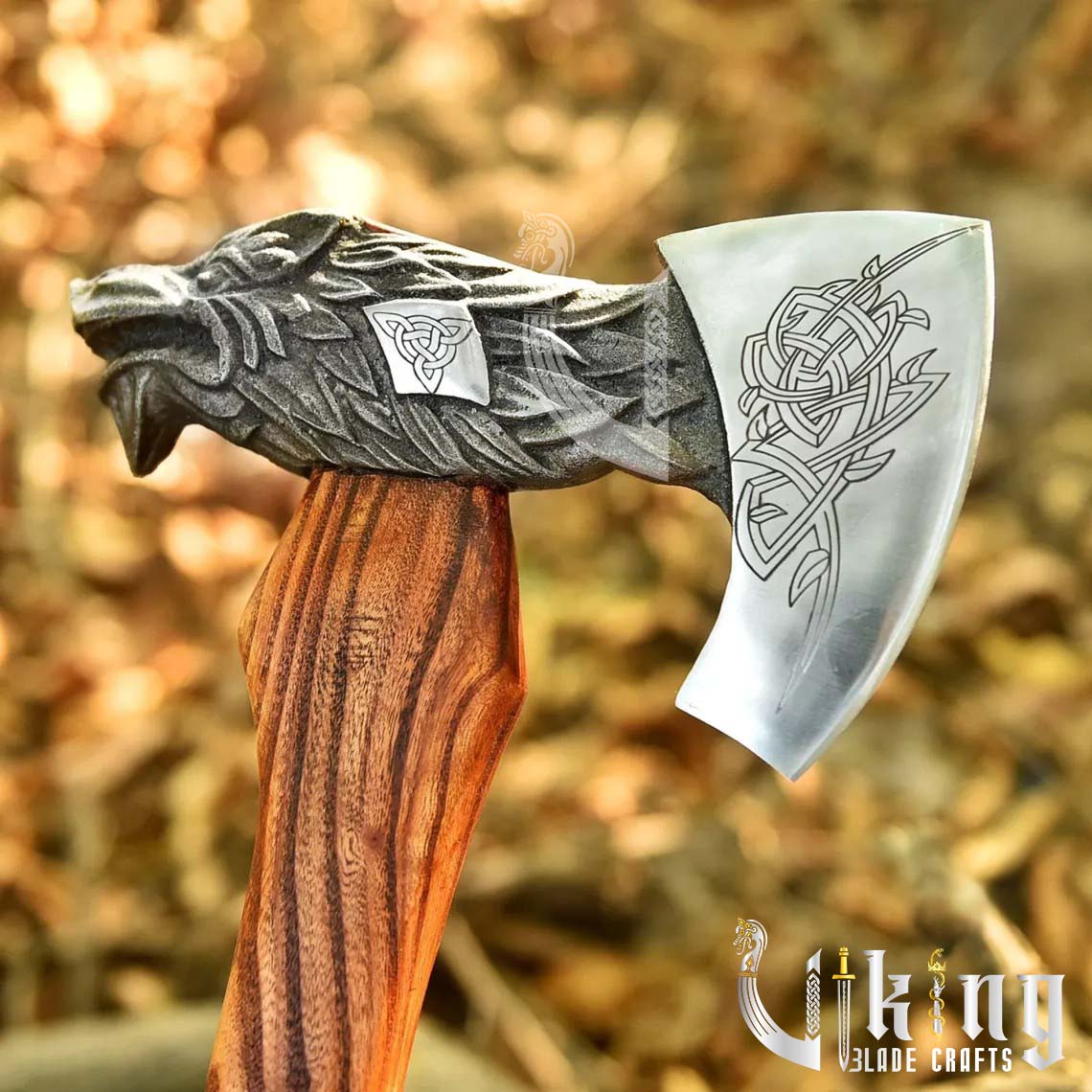 Handmade Viking Wolf Head Axe – High Carbon Steel Blade with Sheath