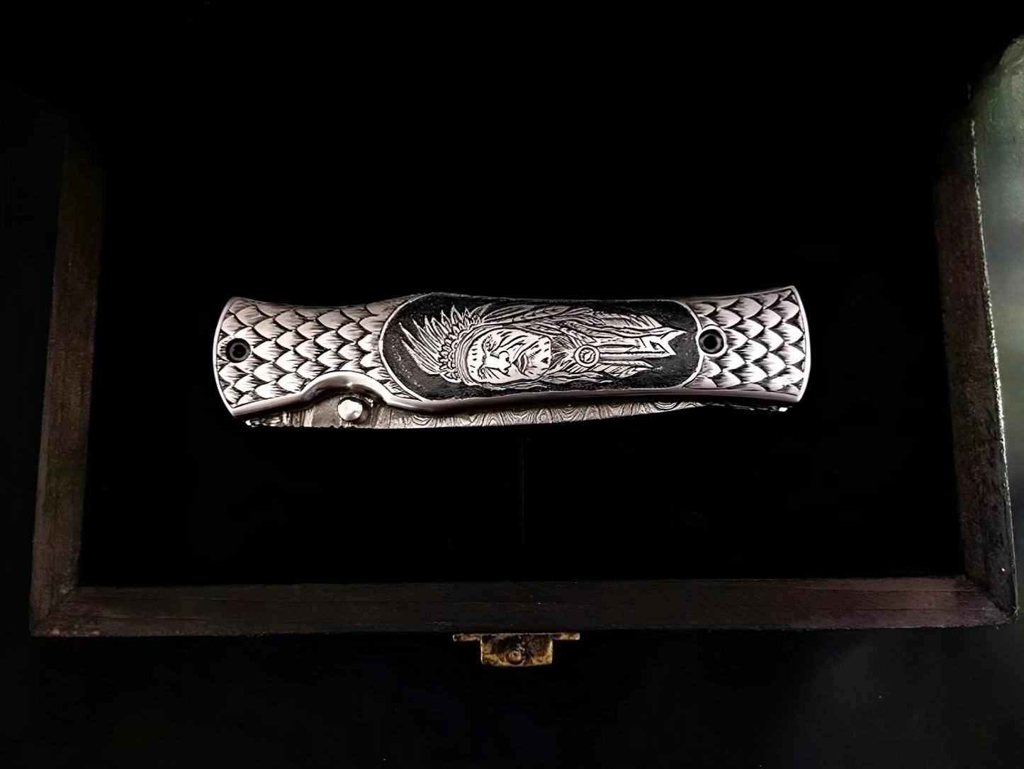 Hand Carved Native American Theme Damascus Steel Folding Pocket Knife - Viking Blade Crafts