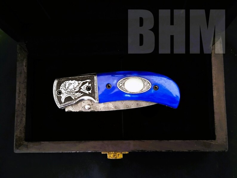 Handmade Damascus Folding Knife – Odin-Raven Themed Hand-Carved Handle - Viking Blade Crafts