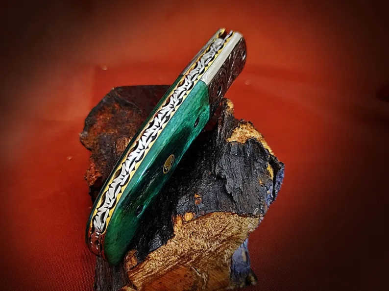 Ancient Hand-Carved Theme Damascus Pocket Knife – Stained Bone Handle - Viking Blade Crafts