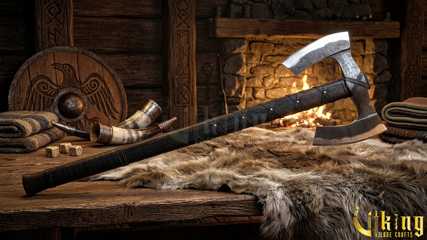 36" Double Bit Viking Axe - Hand Forged Carbon Steel & Leather Cover