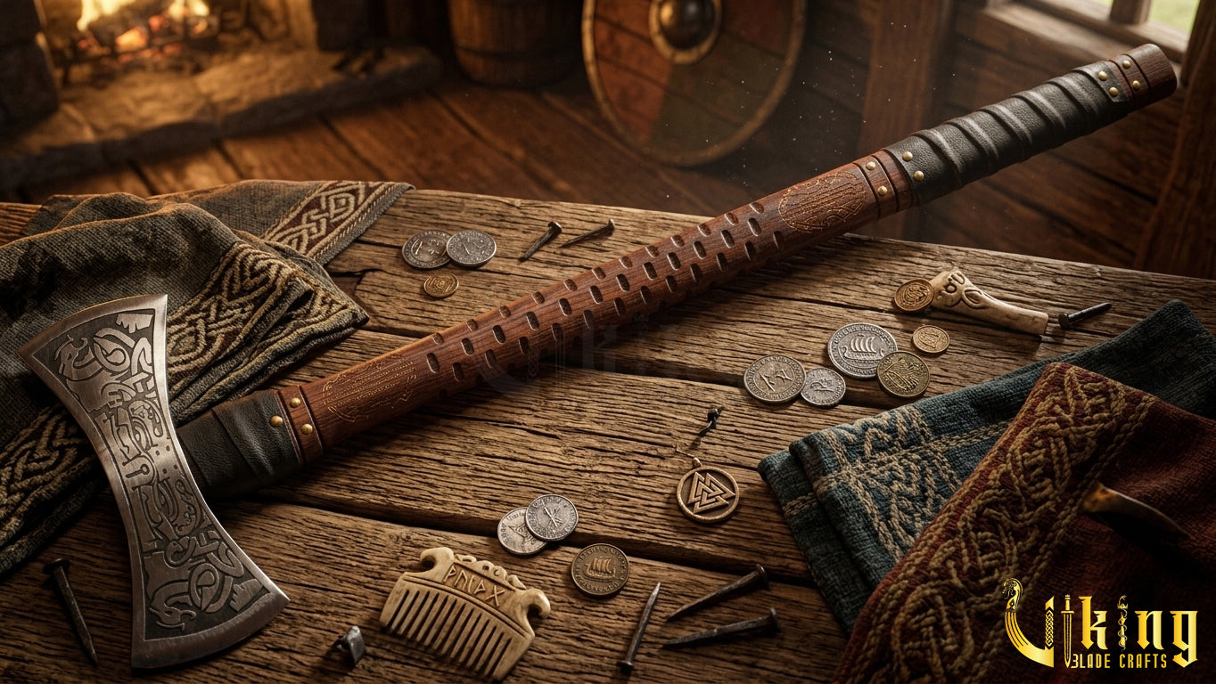 The Helm of Awe 30" Forged Viking Axe & Carved Wooden – Norse Warrior Axe