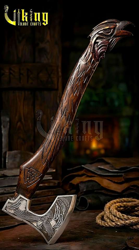 Odin Viking axe with raven Valknut handle and forged steel blade