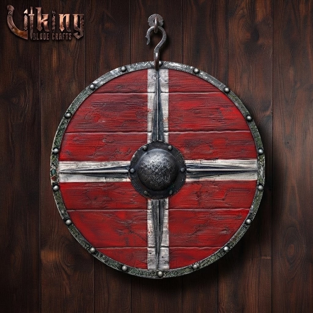 The Skjöldr of the Blood-Cross Runic-Bossed Crimson Viking Shield