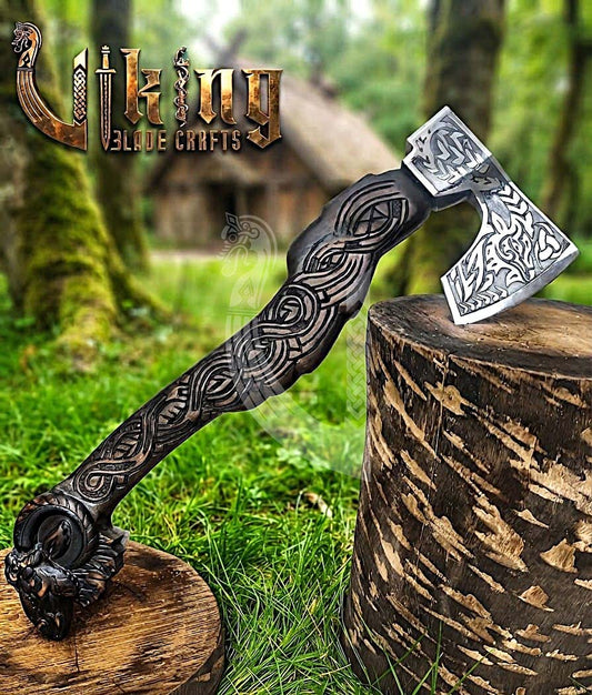 Hand Carved Viking Goat Axe | Geit Handle | Forged Steel