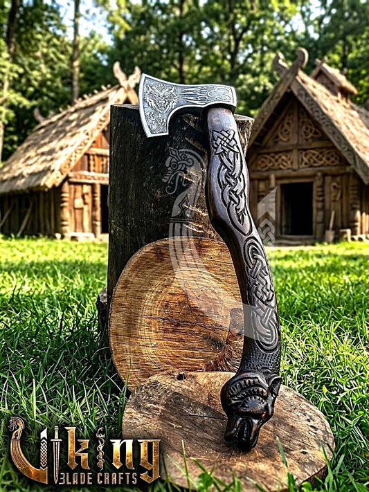 Viking Battle Axe | Hand Carved Wolf Handle | Forged Steel