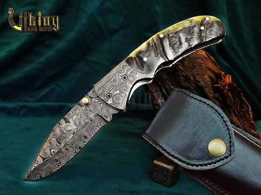 Custom Hand-Forged Handmade Damascus Folding Knife | Raindrop Pattern | Ram Horn Handle