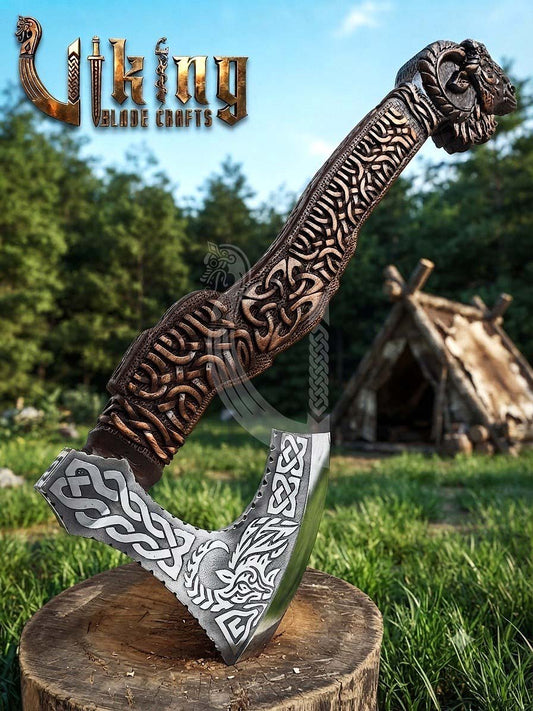 Hand-Forged 23" Norse Goat Carved Rosewood Axe | Goat Etched