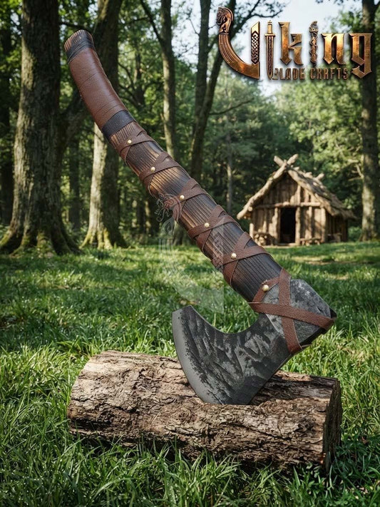True Hand-Forged Viking Bearded Axe 30" | Leather-Wrapped Curved Skeggøx