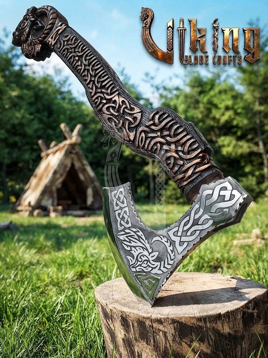 Hand-Forged 23" Norse Goat Carved Rosewood Axe | Goat Etched